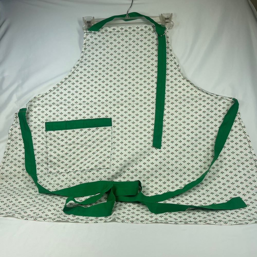 Vintage Handmade Christmas Holly Berry Bib Apron Green Ties Pocket White Cotton